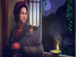 chinh phụ ôm con chờ chồng trong đêm khuya, làng quê đêm trăng mờ