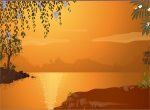 phong cảnh hoàng hôn sông núi chim bay