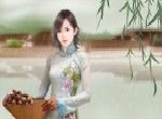 cô gái ôm nón đựng hoa sen và phong cảnh làng quê