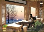 cô gái ngồi uống cà phê coffee cafe café và ngắm cảnh tuyết rơi ngoài cửa sổ